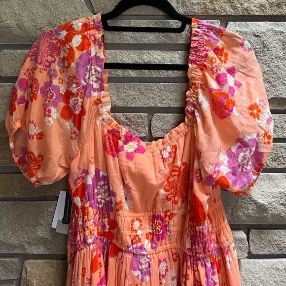 BP SHIRRED PUFF SLEEVE COTTON PRAIRIE DRESS CORAL ALYSSA GROOVE FLORAL Large - Picture 8 of 9
